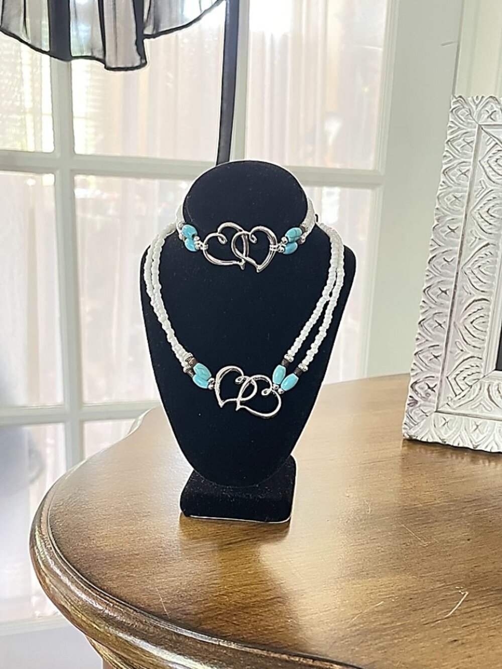 2 pc Beachy Boho Double Strand Linked Heart Necklace & Stretch Bracelet Set